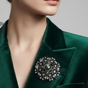 Estate Chunky Large Green Rhinestone and Silver Tone Brooch Pin Fashion Jewelry